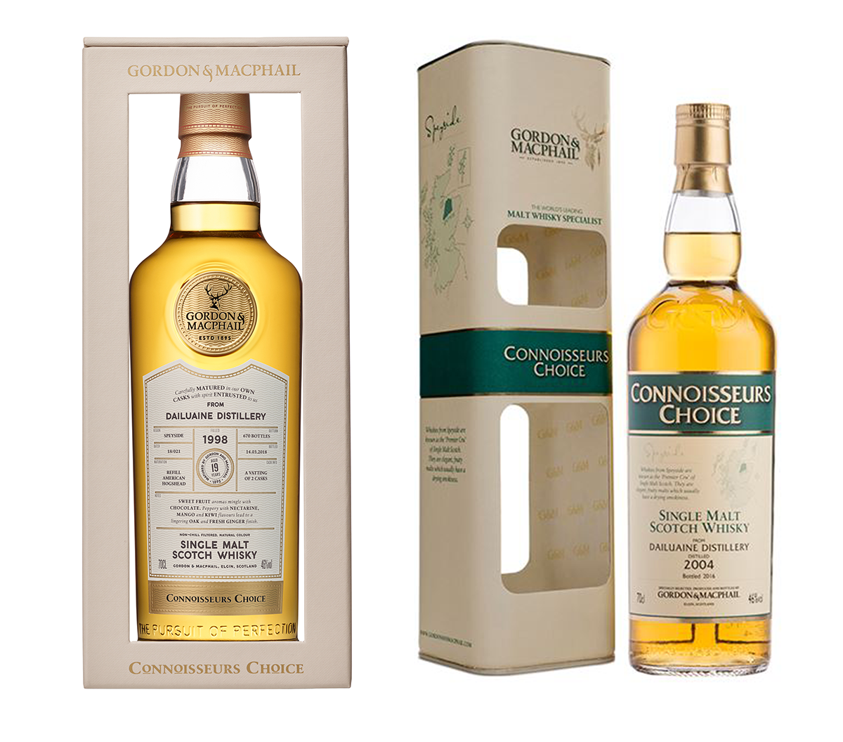 A comparison of the new Connoisseurs Choice packaging (L) with the current design (R). Images courtesy Gordon & MacPhail.