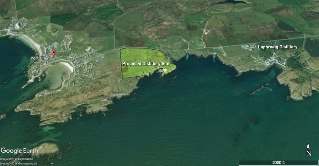 The coast of Islay between Port Ellen and the Laphroaig Distillery, where Elixir Distillers has received approval to build the island's newest malt whisky distillery. Image courtesy Google Earth.