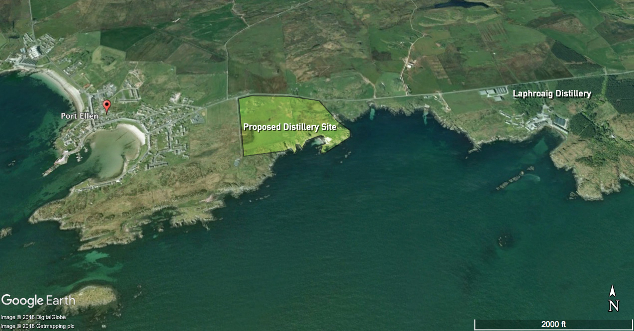 The coast of Islay between Port Ellen and the Laphroaig Distillery, where Elixir Distillers plans to seek planning approval to build the island's newest malt whisky distillery. Image courtesy Google Earth.