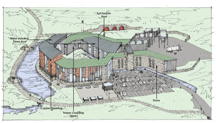 An architect's rendering of the proposed Elixir Distillers whisky distillery planned for Scotland's Isle of Islay. Image courtesy Elixir Distillers.