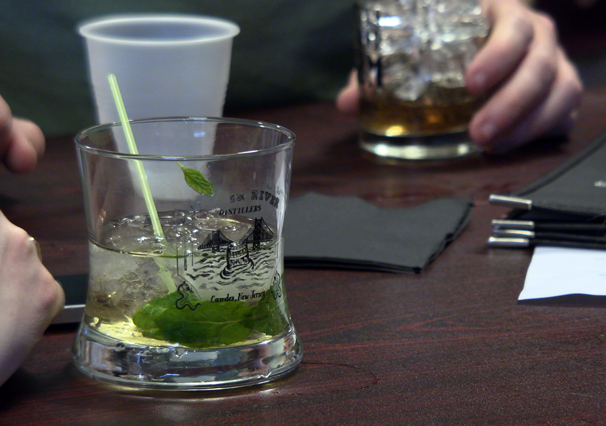 Glasses on the table at the Cooper River Distillers farewell party May 5, 2018. Photo ©2018, Mark Gillespie/CaskStrength Media.