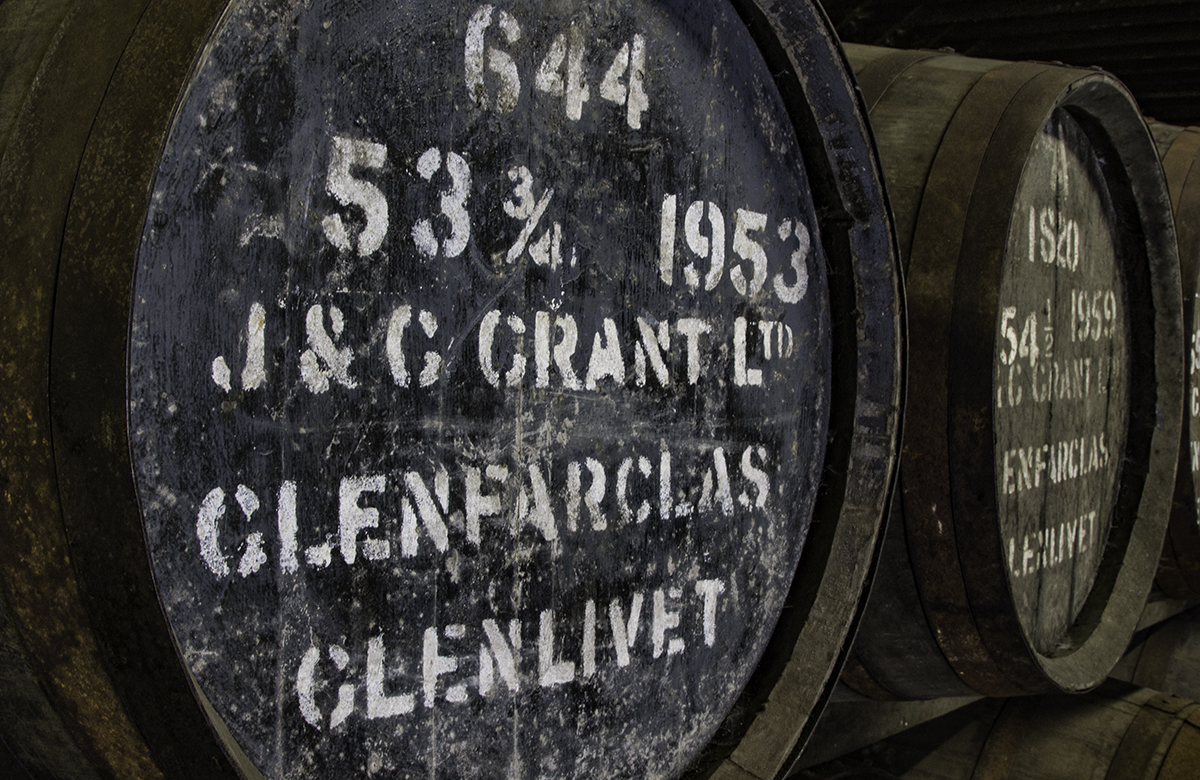 Vintage casks of Glenfarclas single malt in the distillery's warehouse. Photo ©2015, Mark Gillespie/CaskStrength Media.