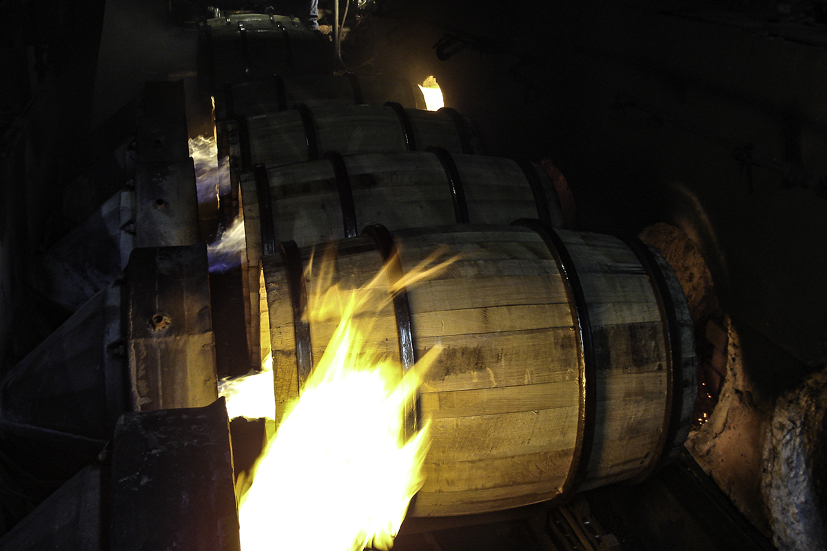 Bourbon barrels being charred at Independent Stave Company's cooperage in Lebanon, Kentucky. File photo ©2018, Mark Gillespie/CaskStrength Media.