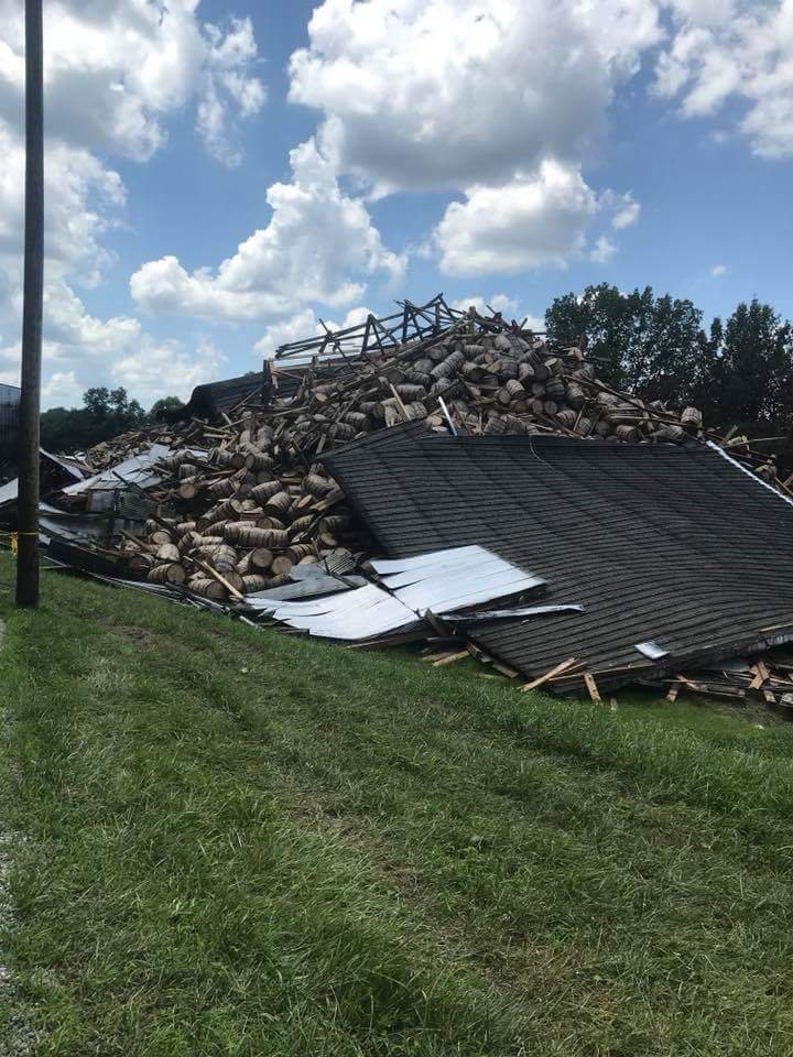 The aftermath following the collapse of the remainder of a whiskey warehouse at the Barton 1792 Distillery in Bardstown, Kentucky July 4, 2018. Photo courtesy Billy Mattingly/Bardstown Fire Department.