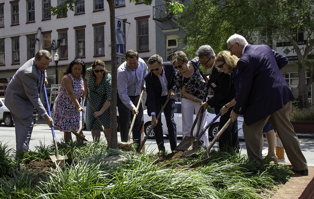 Leaders of the nine major whisky and spirits trade associations plant an American White Oak tree outside the Frazier History Museum in Louisville, Kentucky July 26, 2018. Photo ©2018, Mark Gillespie/CaskStrength Media.