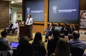 Kentucky Distillers Association President Eric Gregory speaks at the "Spirit of Collaboration Summit" news briefing in Louisville, Kentucky July 26, 2018. Photo ©2018, Mark Gillespie/CaskStrength Media. 