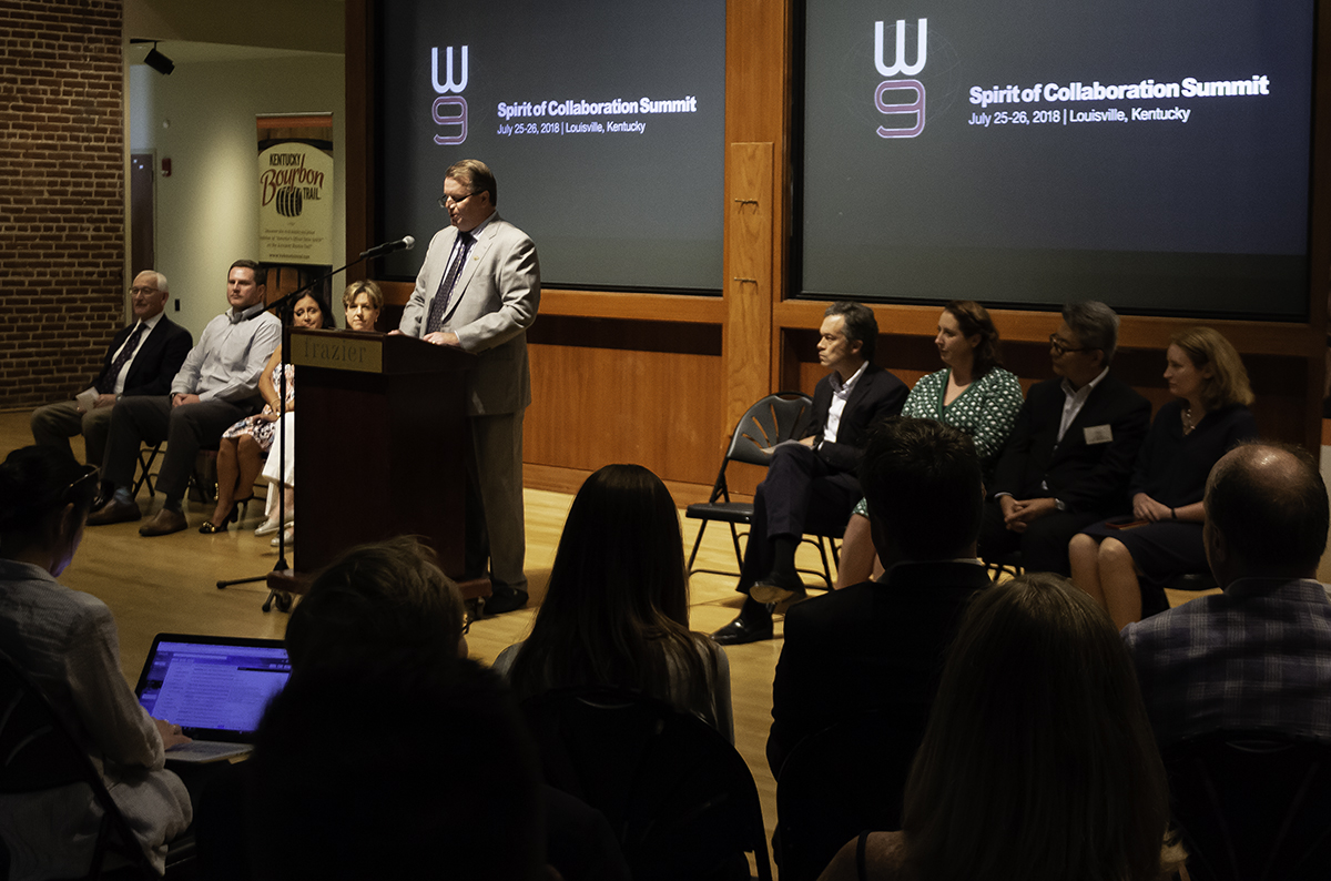 Kentucky Distillers Association President Eric Gregory speaks at the "Spirit of Collaboration Summit" news briefing in Louisville, Kentucky July 26, 2018. Photo ©2018, Mark Gillespie/CaskStrength Media.