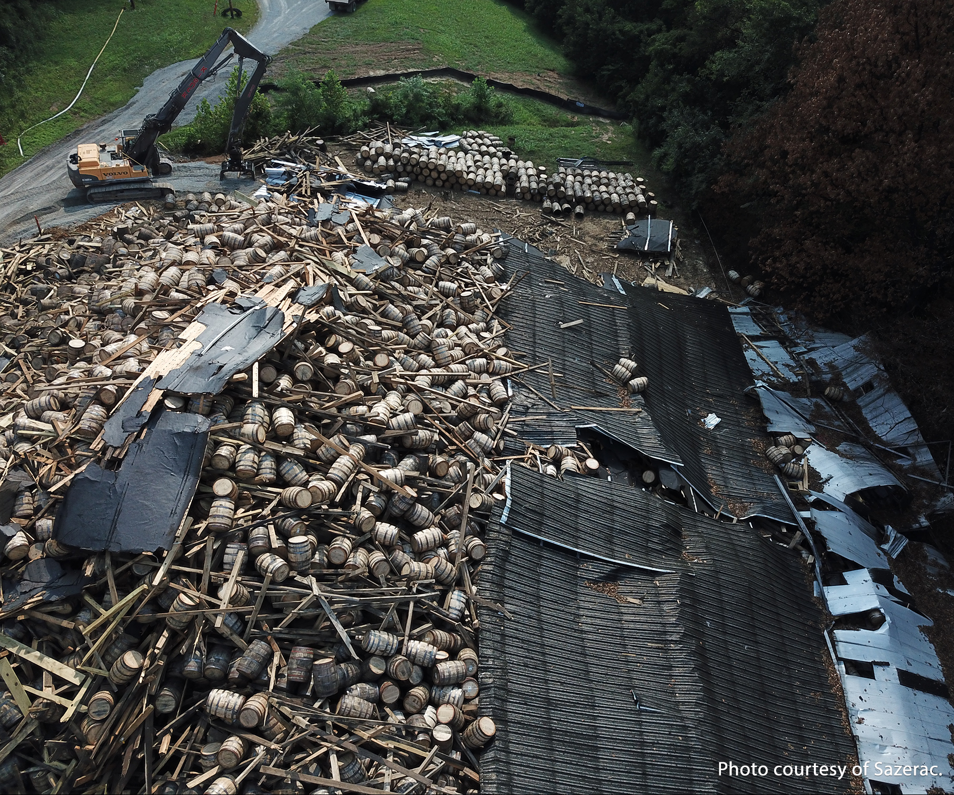 An aerial video of the debris from a rickhouse collapse at Sazerac's Barton 1792 Distillery in Bardstown, Kentucky. Image courtesy of Sazerac.