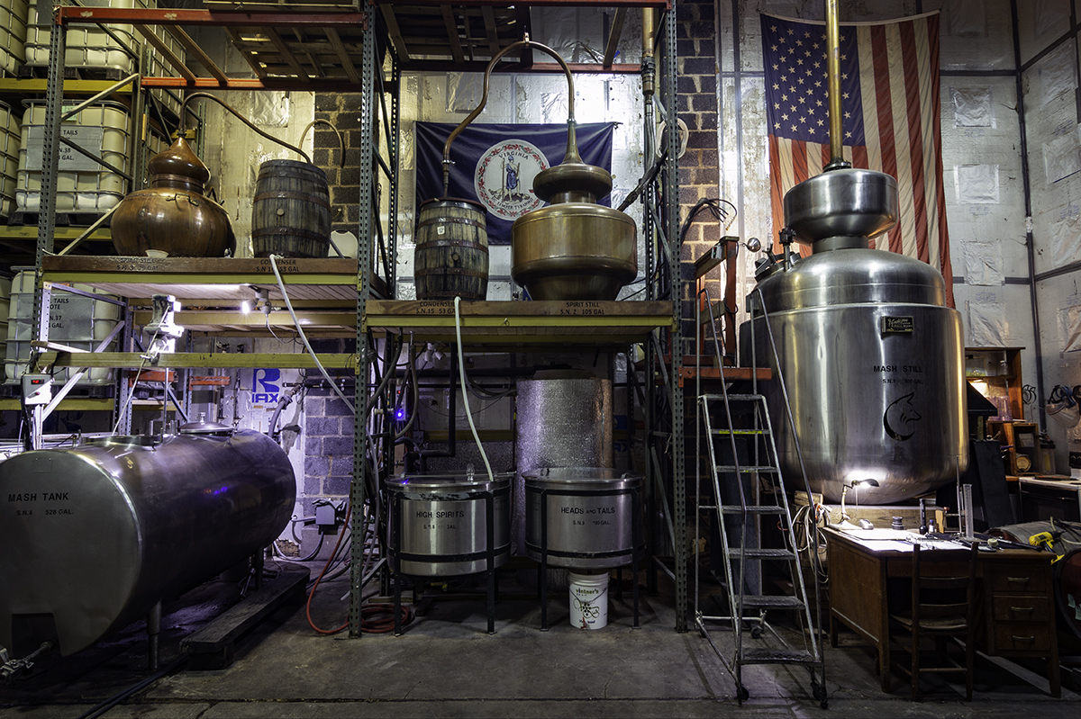 It doesn't take a lot of technology to make whisky. This is the stillroom at Copper Fox Distillery in Sperryville, Virginia, and even an old moonshiner could probably find their way around in short order. We're visiting Virginia distilleries on the latest episode of WhiskyCast! Photo ©2018, Mark Gillespie/CaskStrength Media.