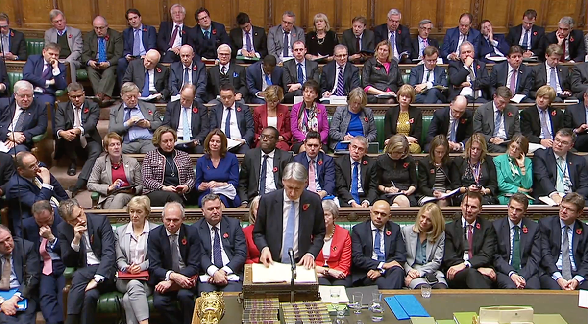 UK Chancellor of the Exchequer Philip Hammond delivers his budget address to the House of Commons October 29, 2018. Image courtesy Parliament TV.