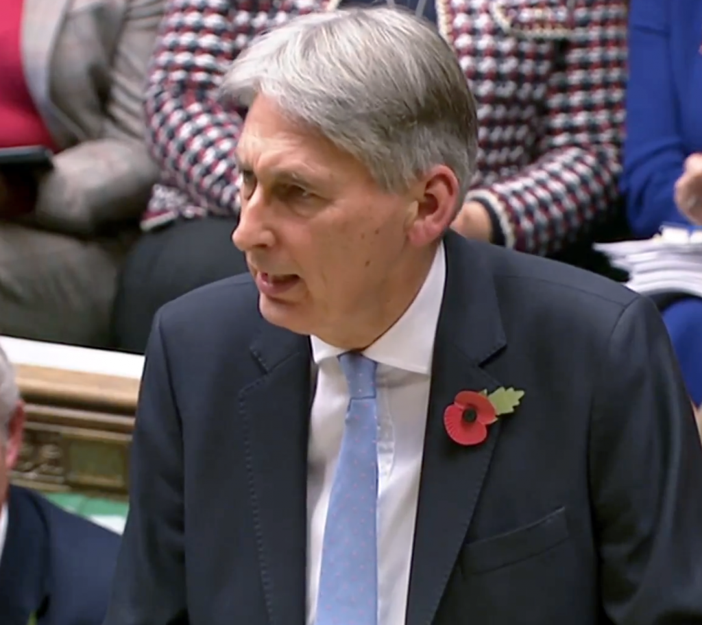 UK Chancellor of the Exchequer Philip Hammond delivers his budget address to the House of Commons October 29, 2018. Image courtesy Parliament TV.