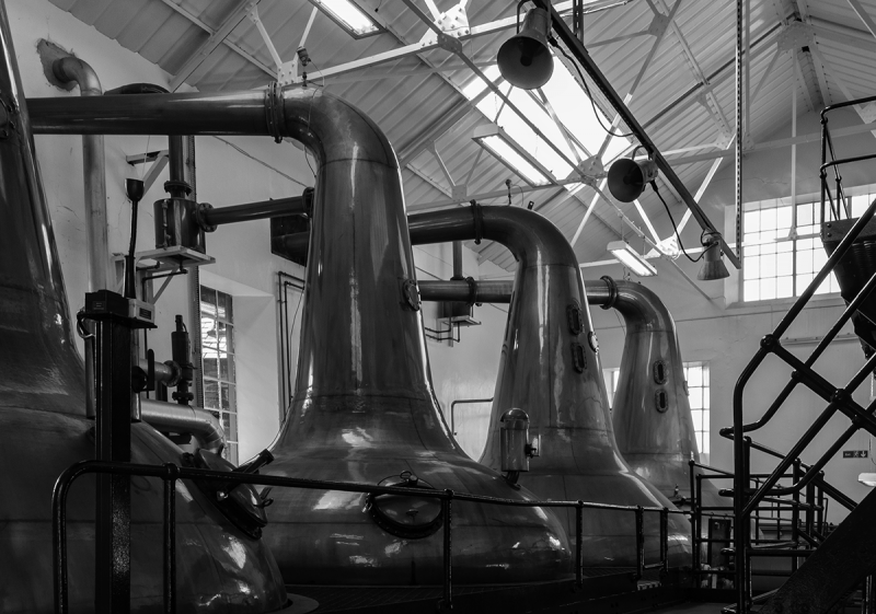 The stills at Scotland's Highland Park Distillery. Photo ©2018, Mark Gillespie/CaskStrength Media.