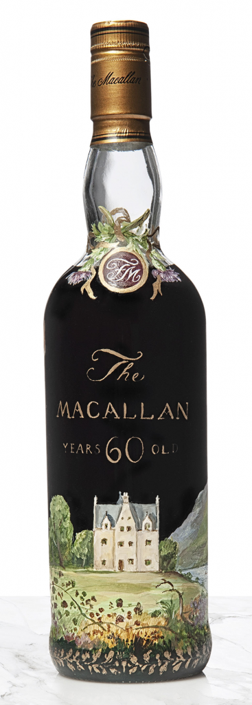 The 1926 Macallan with a label hand-painted by Irish artist Michael Dillon. Image courtesy Christie's.