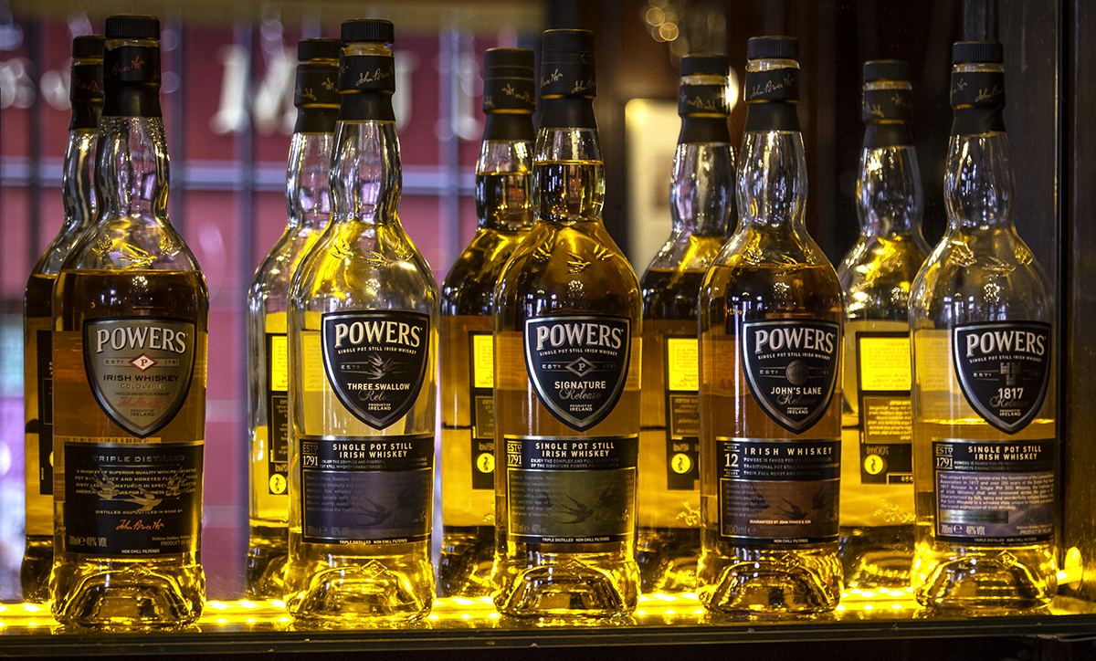 Powers bottles behind the bar at The Oak in Dublin. Photo ©2018, Mark Gillespie/CaskStrength Media.
