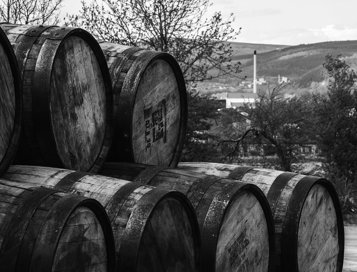 Whisky barrels stacked on a Scottish hillside. File photo ©2019, Mark Gillespie/CaskStrength Media.