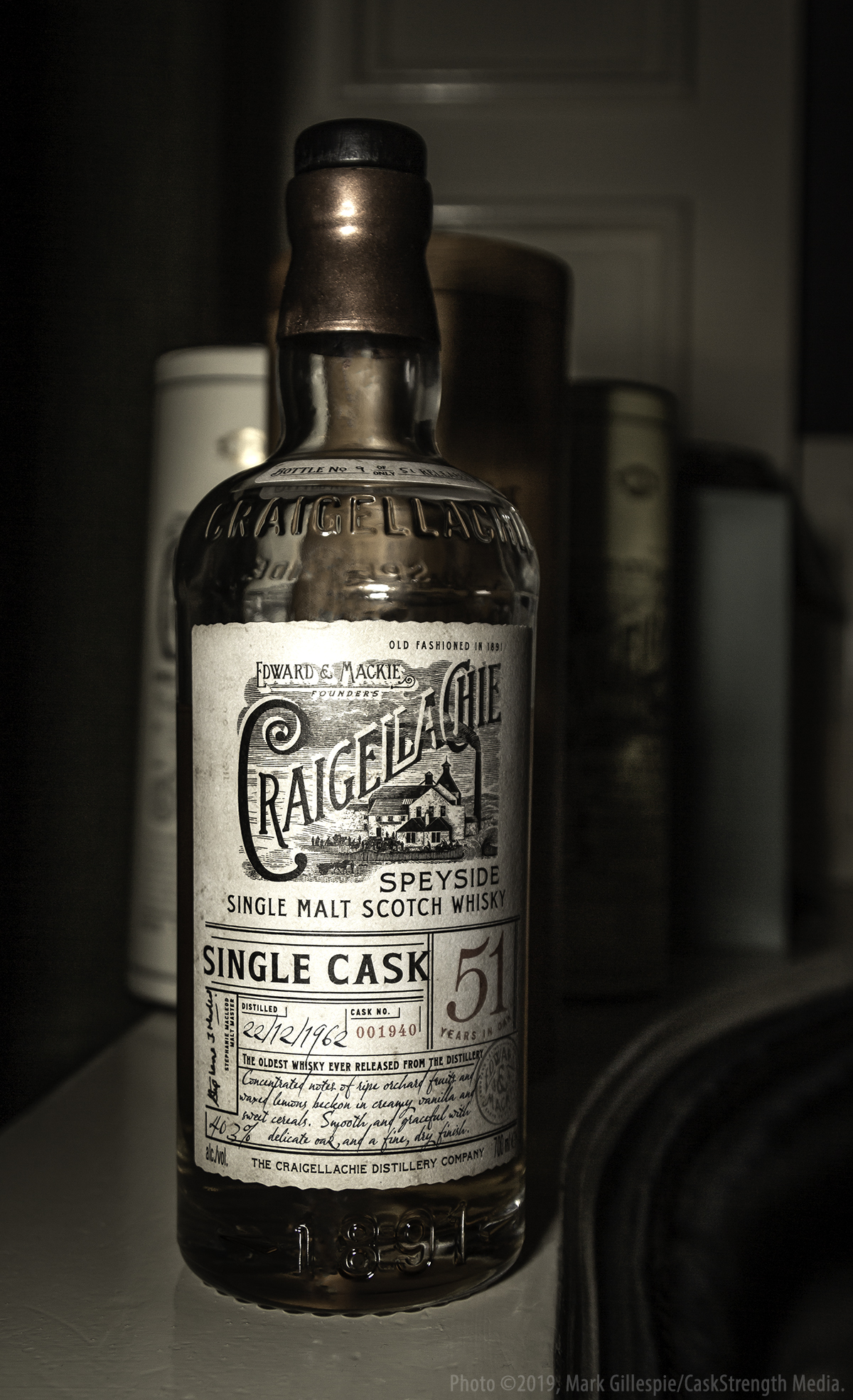 This is one of only 51 bottles of the Craigellachie 51-year-old single cask from 1962. 150 people had the chance to taste it for free last November in London, and 150 more will get to taste it from May 7-9 in New York City. Two more free tastings are planned for later this year in South Africa and Australia. Photo ©2019, Mark Gillespie/CaskStrength Media.