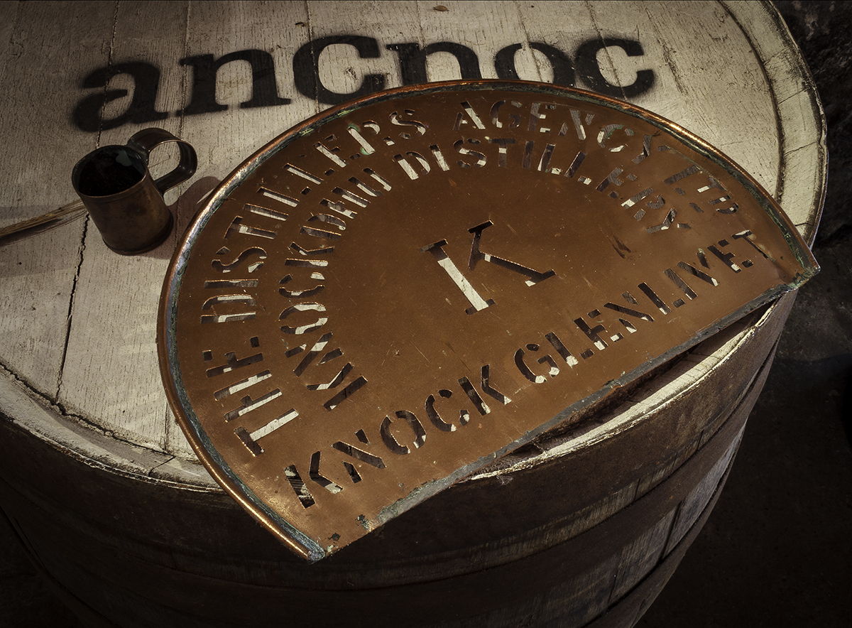 A vintage stencil used for labeling barrels at the Knockdhu (anCnoc) Distillery in Scotland. File photo ©2019, Mark Gillespie/CaskStrength Media.