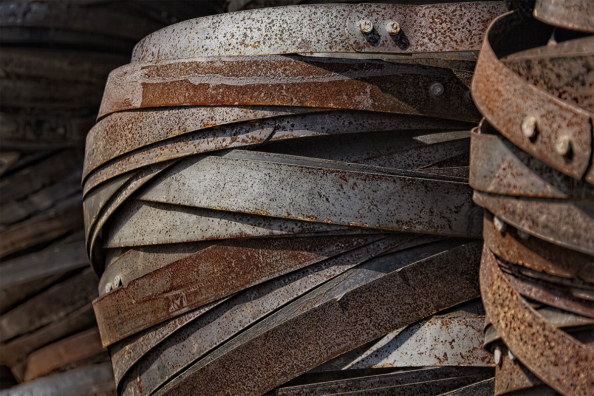 Look around most distilleries, and chances are you'll find a few stacks of old barrel hoops, rusty but ready to be put back into service. These stacks were found at Virginia's Copper Fox Distillery. Photo ©2019, Mark Gillespie/CaskStrength Media. Look around most distilleries, and chances are you'll find a few stacks of old steel barrel hoops, rusty but ready to be put back into service. These stacks were found at Virginia's Copper Fox Distillery. Photo ©2019, Mark Gillespie/CaskStrength Media.