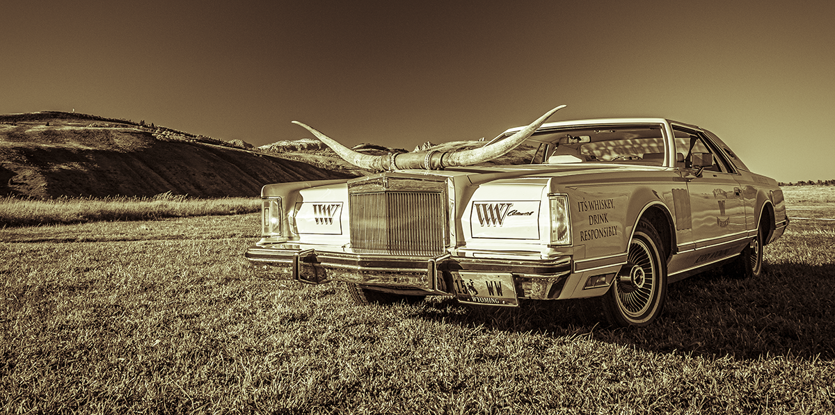 The vintage Wyoming Whiskey Lincoln Continental in Jackson, Wyoming. Photo ©2019, Mark Gillespie/CaskStrength Media.