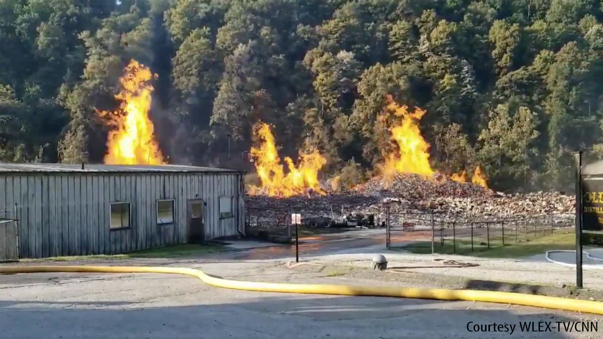 The scene of a Jim Beam Bourbon warehouse fire near Versailles, Kentucky. Photo courtesy WLEX-TV via CNN.