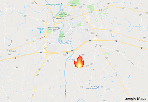 A map showing the location of the Beam Warehouse fire in Woodford County, Kentucky. Image courtesy Google Maps.