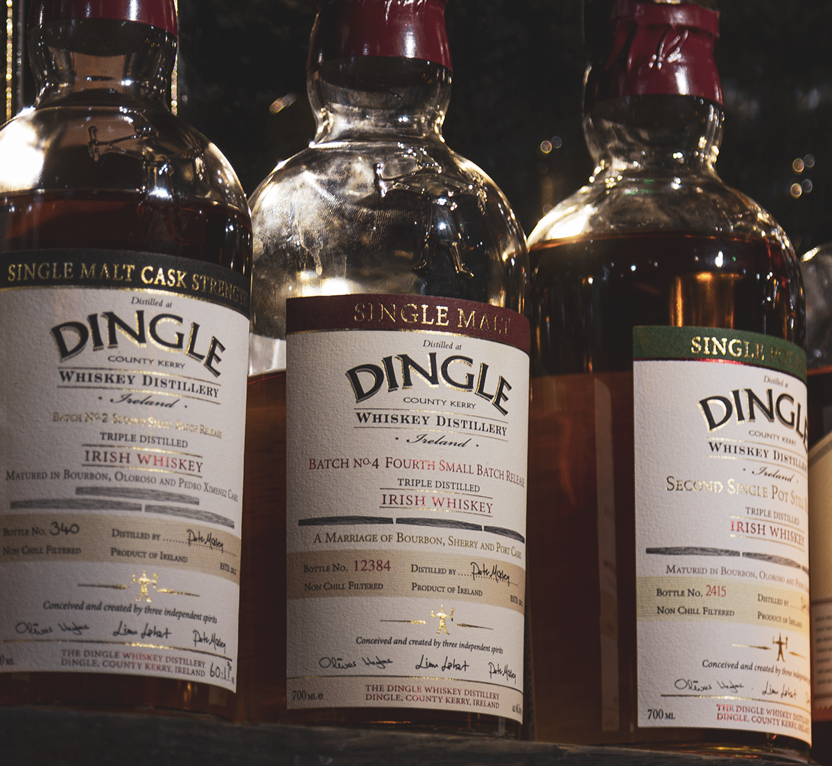 Bottles of Dingle Single Malt Whiskey on a bar shelf. Photo ©2019, Mark Gillespie/CaskStrength Media.