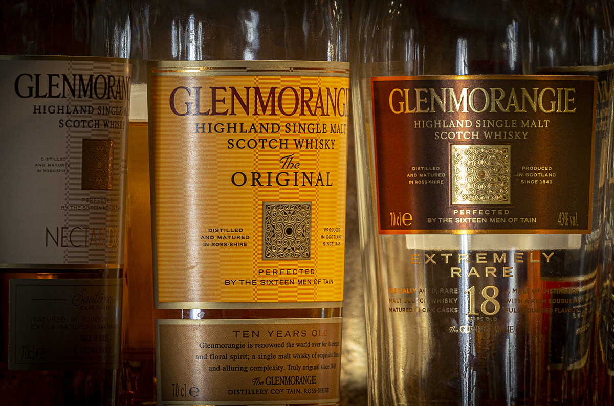 Bottles of Glenmorangie Single Malt Scotch Whisky on a bar shelf. File photo ©2019, Mark Gillespie/CaskStrength Media.