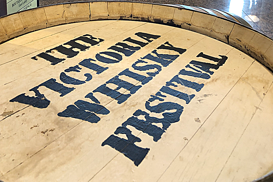 A barrel sign for the Victoria Whisky Festival in Victoria, British Columbia. Photo ©2020, Mark Gillespie/CaskStrength Media.