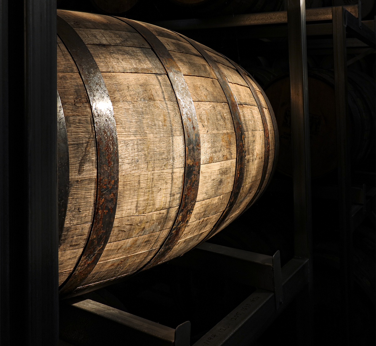 An Australian whisky barrel in a warehouse at Tasmania's Nant Distillery. Photo ©2020, Mark Gillespie/CaskStrength Media.