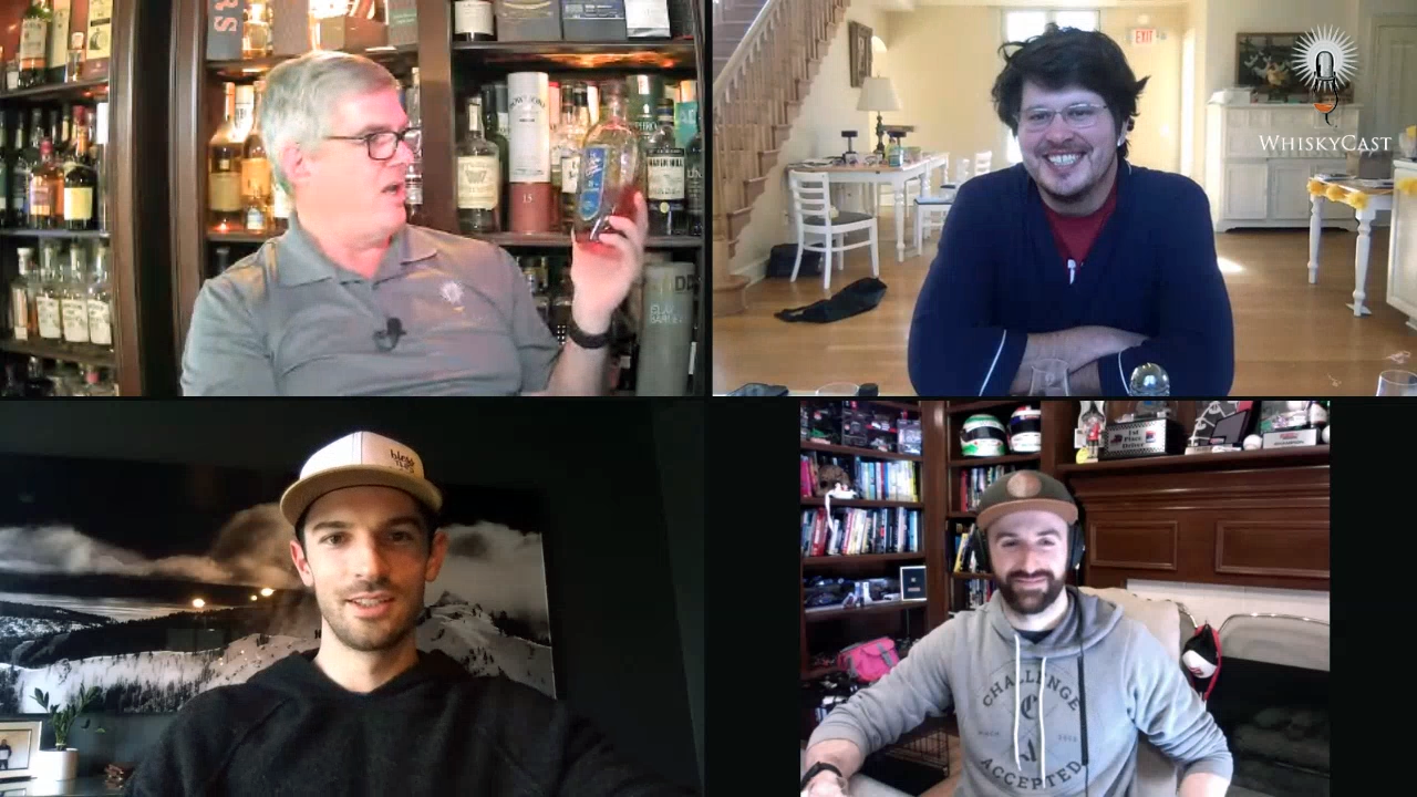 Our April 15 webcast featured a Bourbon tasting with the guys from "Off Track with Hinch & Rossi," IndyCar drivers Alexander Rossi (bottom left) and James Hinchcliffe (bottom right), and their producer, Tim Durham (upper left). Photo ©2020, CaskStrength Media.