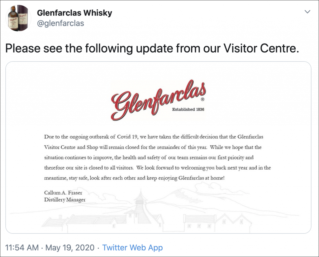 Glenfarclas Tweet announcing VC closing. Image courtesy Twitter.