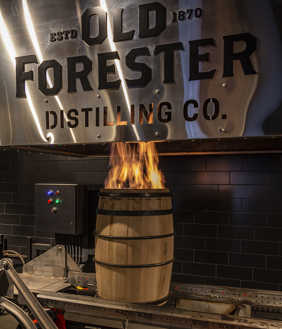A Bourbon barrel being charred at the Old Forester Distillery's on-site cooperage in Louisville, Kentucky. Photo ©2020, Mark Gillespie/CaskStrength Media.