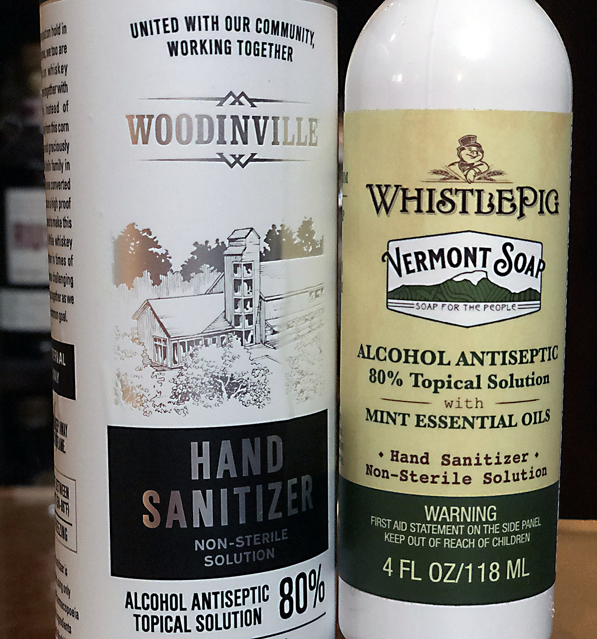 Hand sanitizers produced by Woodinville Whiskey Co. in Washington and WhistlePig Whiskey in Vermont. Photo ©2020, Mark Gillespie/CaskStrength Media.