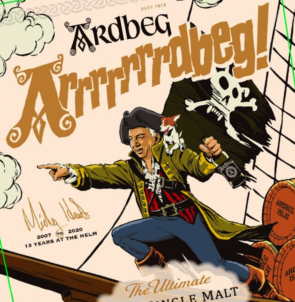 The label for "Arrrrrrrdbeg" featuring retired Ardbeg Distillery manager Mickey Heads. Image courtesy Ardbeg/The Glenmorangie Company.