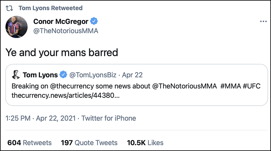 Conor McGregor's Twitter post banning a Dublin bar patron he assaulted in 2019 after buying the pub this month. Image courtesy Twitter.