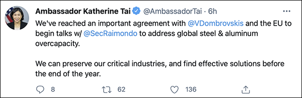 A tweet from U.S Trade Representative Katherine Tai. Image courtesy Twitter.