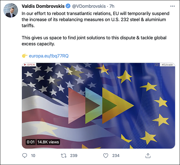 A tweet from European Union Trade Commissioner Valdis Dombrovskis. Image courtesy Twitter.