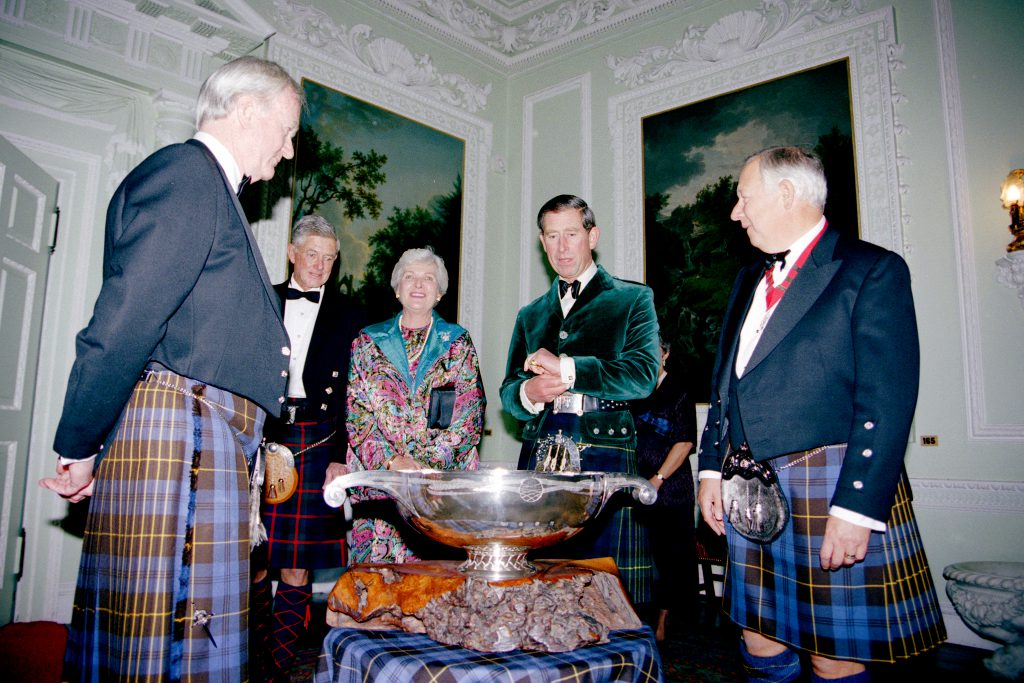 His Royal Highness, The Prince of Wales (Duke of Rothesay) when he was made an Honorary Keeper at Blair Castle in 1996. Photo courtesy Keepers of the Quaich.
