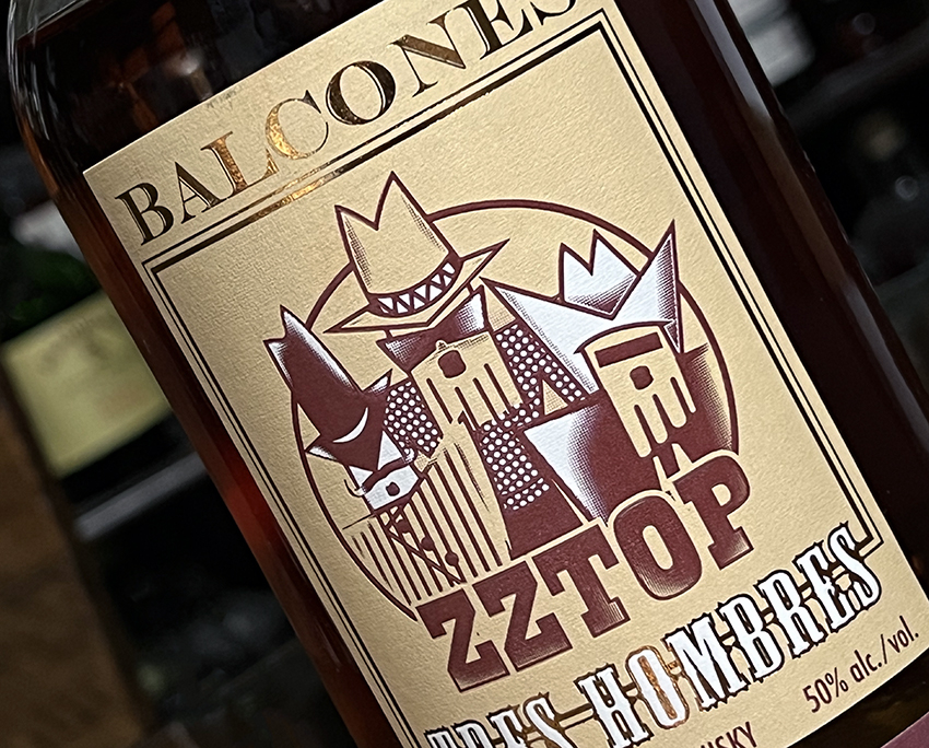 The label for the Balcones Tres Hombres Texas Whisky collaboration with ZZ Top. Photo ©2021, Mark Gillespie/CaskStrength Media.