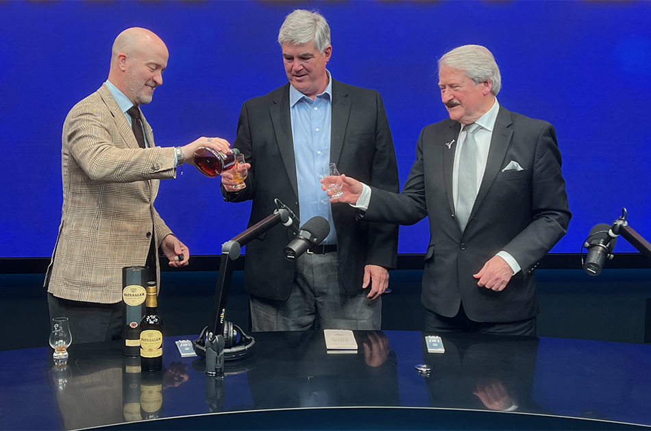 Craig Bridger, Mark Gillespie, and Richard Paterson share a dram of The Dalmore following Friday's Happy Hour Live webcast. Photo ©2022, Christina Philburn/CaskStrength Media.