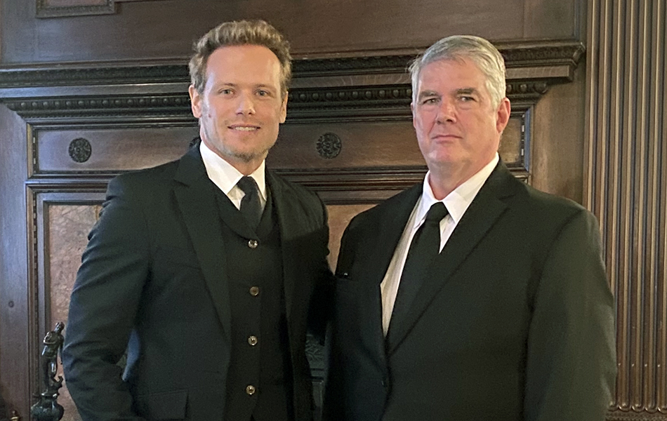 WhiskyCast's Mark Gillespie (R) and actor Sam Heughan. Photo ©2023, CaskStrength Media.