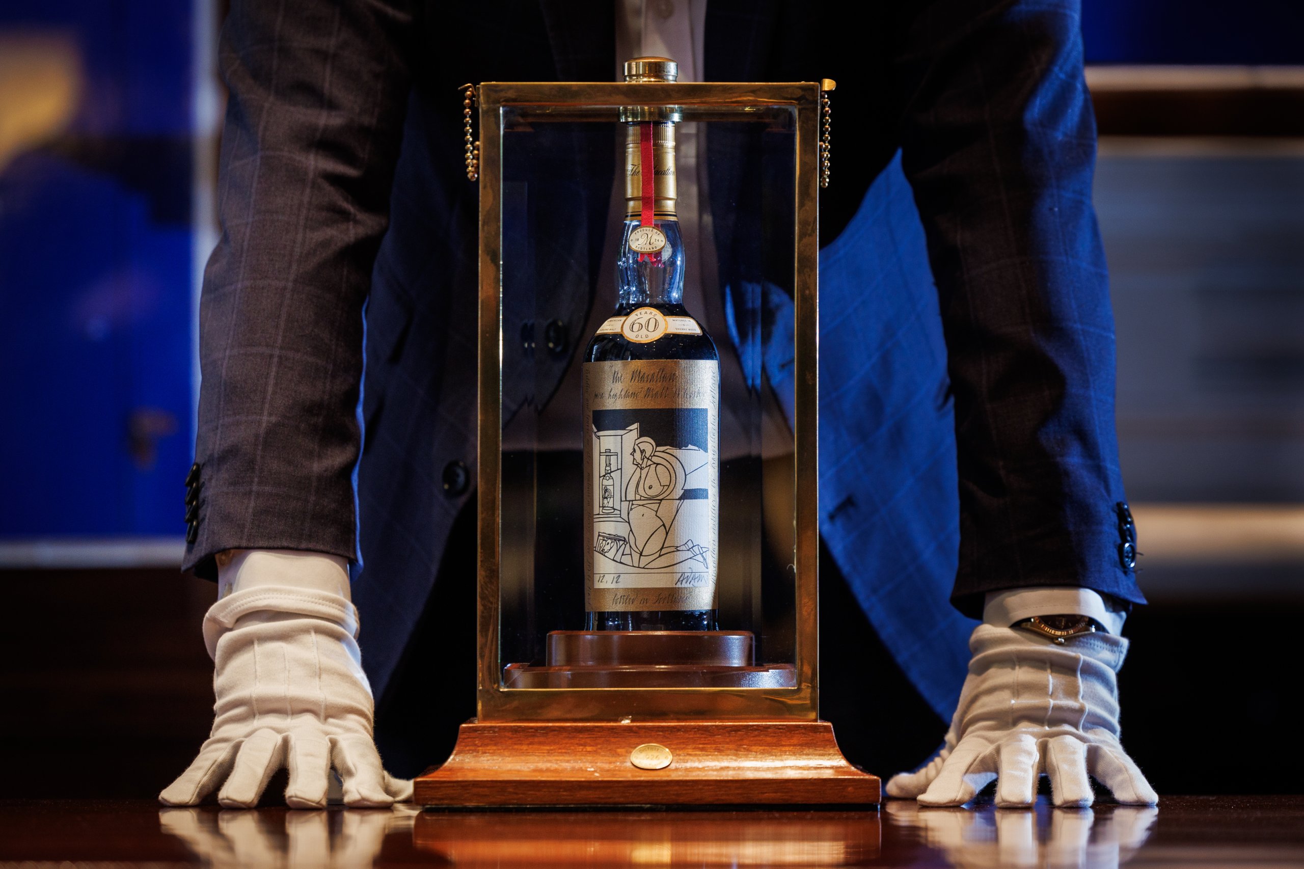 The Macallan 1926 Fine and Rare Valerio Adami edition that set a new world record for the most expensive bottle of whisky ever sold at auction on November 18, 2023. Image courtesy Sotheby's.