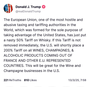 Presiden Donald Trump's Truth Social post threatening to impose 200% tariffs on European spirits and wine imports. 