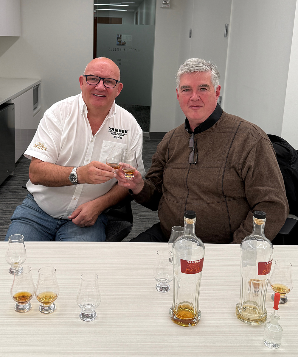 Tamdhu distillery manager Sandy McIntyre and WhiskyCast's Mark Gillespie November 12, 2025.