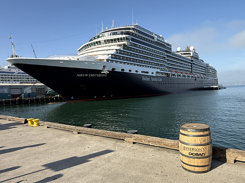 The Holland America ship Nieuw Amsterdam and a barrel of Jefferson's Ocean Bourbon. Photo ©2026, Mark Gillespie, CaskStrength Media.