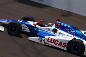 Jay Howard at speed in the #77 Schmidt Peterson Motorsports IndyCar during practice for Sunday's Indianapolis 500. Photo courtesy Schmidt Peterson Motorsports.